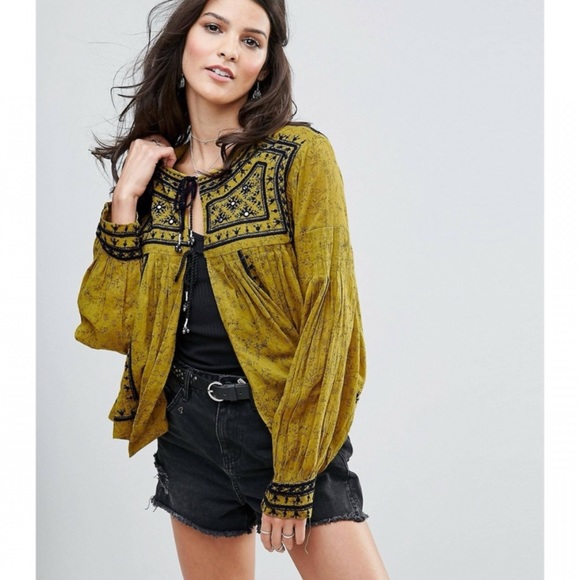 free people | twilight folk embroidered jacket tie-front closure chartreuse s - Picture 16 of 16